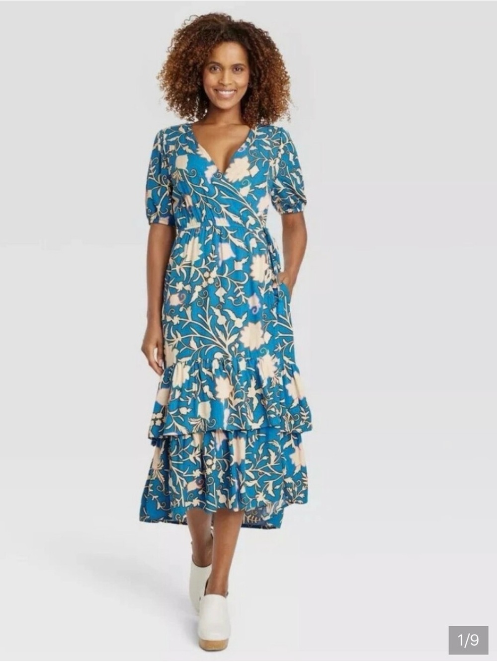 Knox Rose Short Sleeve Wrap Dress Small Blue Bold Floral Midi Tier Ruffle